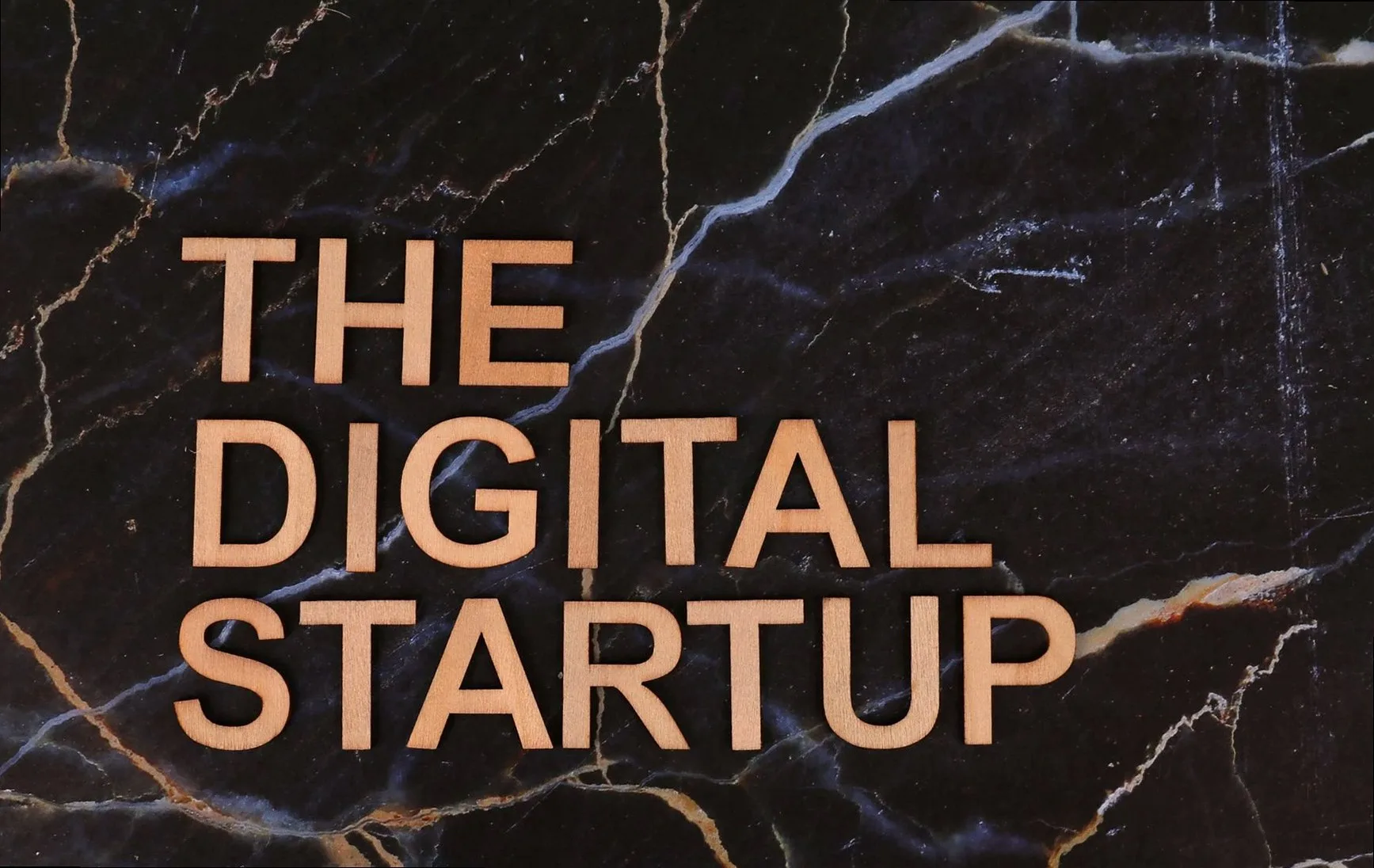 Wooden letters spelling 'The Digital Startup' on a dark marble background. Ideal for business and tech themes.